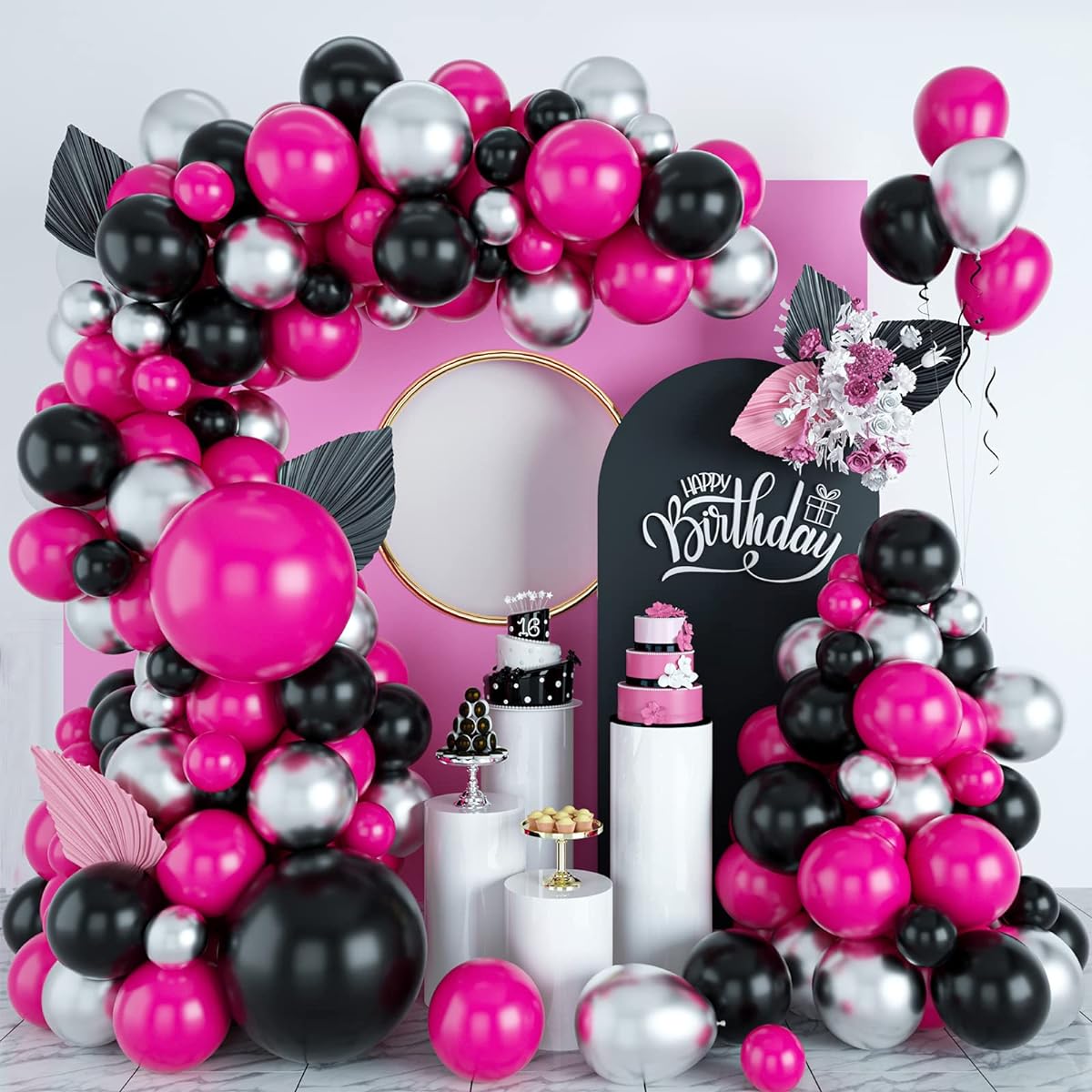 Hot Pink Balloon Arch Kit, Hot Pink Bulk Balloon Garland Kit with Metallic Silver Balloons, Latex Party Balloons for Birthday Decorations, Wedding, Baby Shower, Engagement, DIY Decorations, Party Supplies
