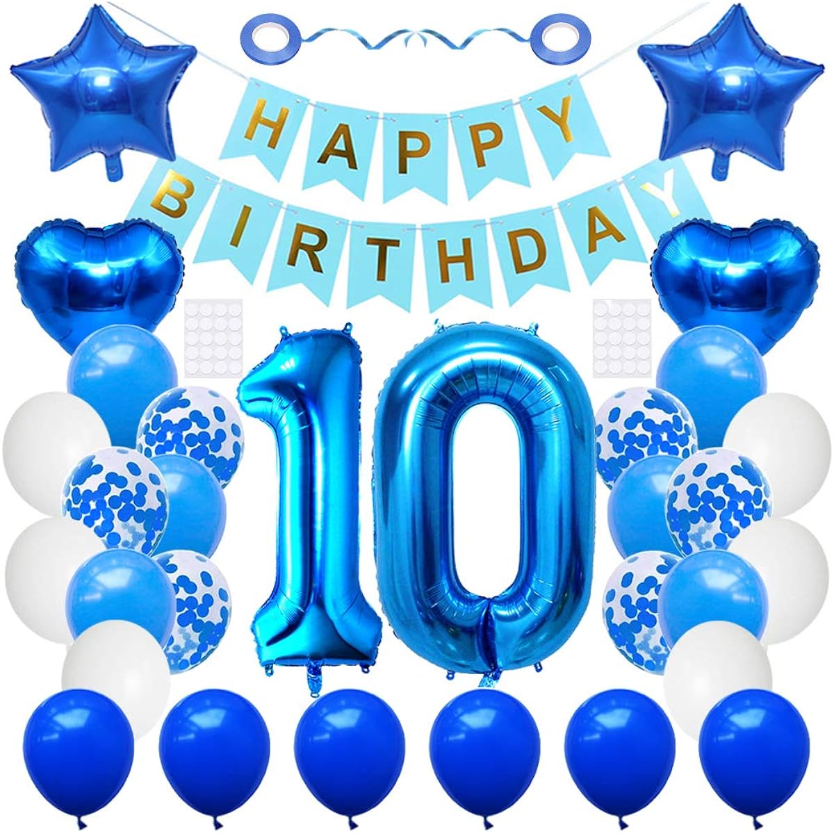 Huture 10 Birthday Party Supplies Blue Number 10 Foil Balloon Happy Birthday Banner Kit 10th Birthday Decorations White Blue Latex Confetti Balloons Foil Star Balloons Best Gift for Girls/Boys Birthday