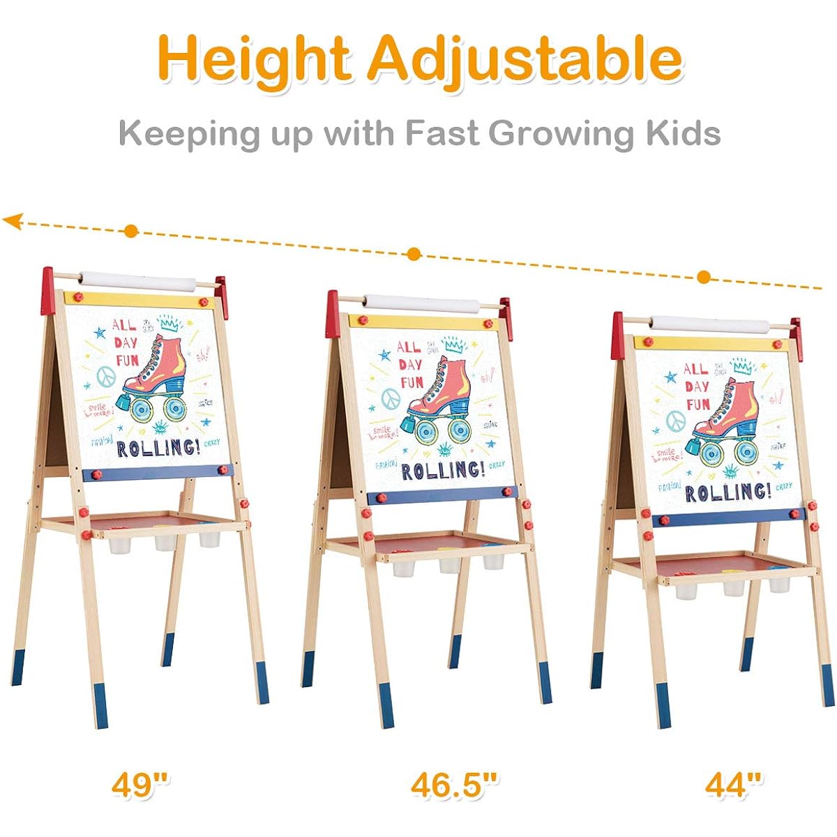 HONEY JOY Art Easel for Kids, Wooden Drawing Chalkboard & Dry Erase Whiteboard with Paper Roll, 3 Adjustable Heights, Storage Shelf, Magnetic Alphabet, Toddler Painting Easel Stand, Art Supplies Set