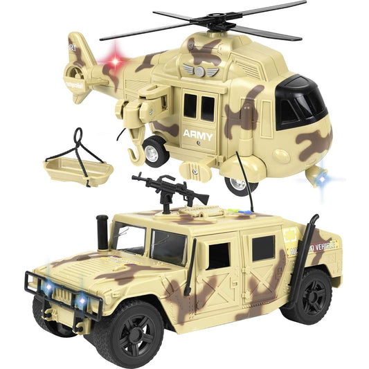 Army Toys for Boys [2 Pack] | Military Toys for Boys with Friction, Lights & Sounds | Includes Army Helicopter and Army Tank