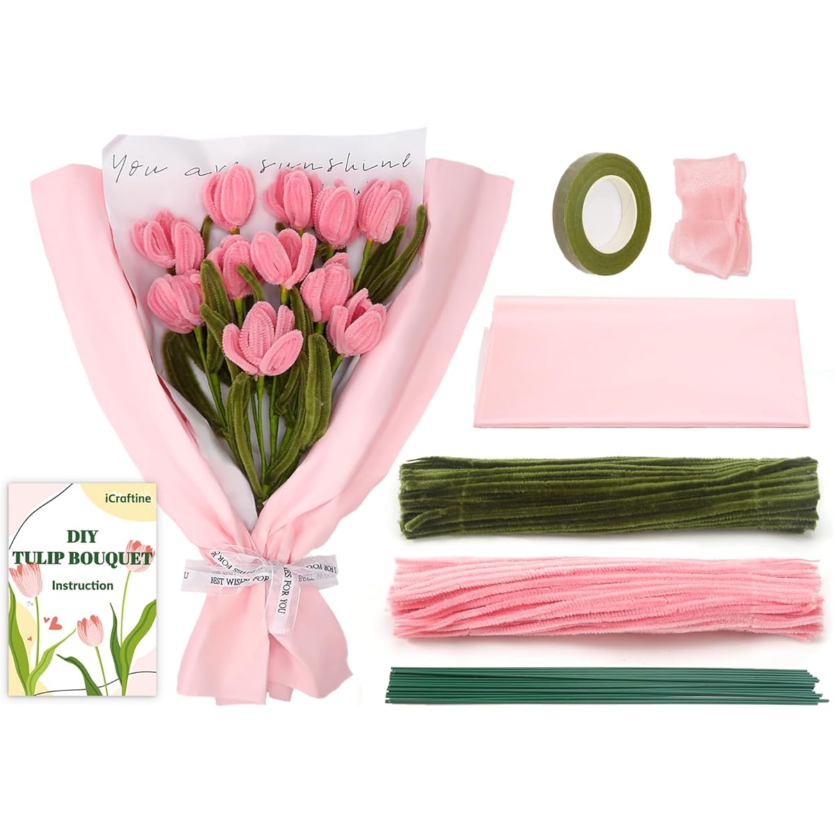 iCraftine 200 Pieces Pipe Cleaners Craft Supplies DIY Chenille Stems Tulip Bouquet Kit with Step-by-Step Video Tutorials for Wedding Gifts and Holiday Decorations
