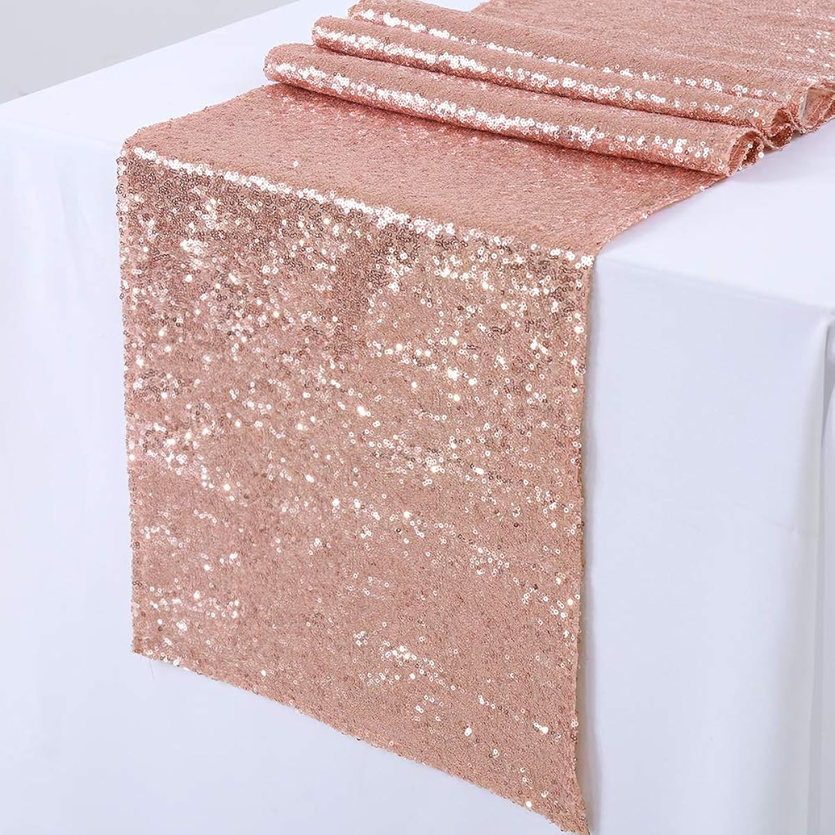 TRLYC 12x108 Inch Rectangle Rose Gold Sequin Table Runner for Wedding/Party/Decoration (Pack of 11)