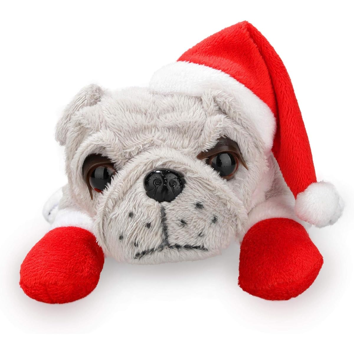 Plushland Christmas Theme Plush Bulldog Stuffed Animal Puppy 8 Inch with Red Santa Hat and Gloves for Boys and Girls (Grey)