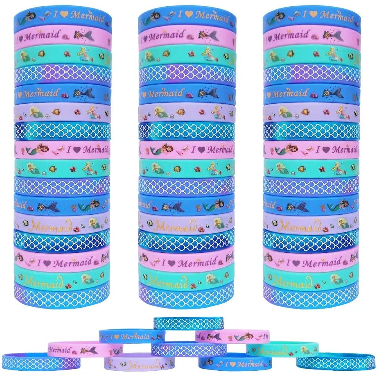 JAKADYUKS 60pcs Mermaid Bracelets Party Favors Birthday Party Supplies Summer Beach Pool Under the Sea Theme Party Supplies Silicone Wristbands Goodie Bag Stuffers