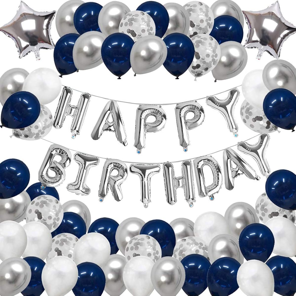 Xourspaty Birthday Decorations for Men Birthday Party Supplies for Boys Foil Banner Navy Blue Silver Confetti Latex Balloons Set for Women Girls Kids 1st 13th 16th 18th 21st 30th 40th 50th