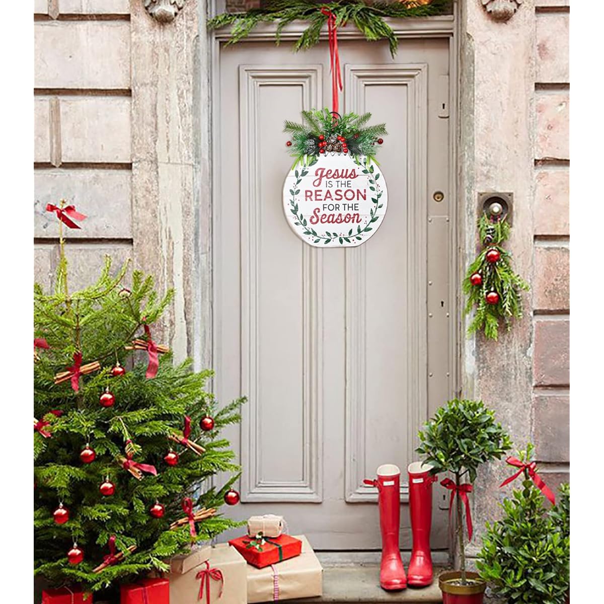 DearHouse 1014" Christmas Wreath Wall Hanging Front Door Decoration Round Wooden Hanging Wreath Festival Home Decoration