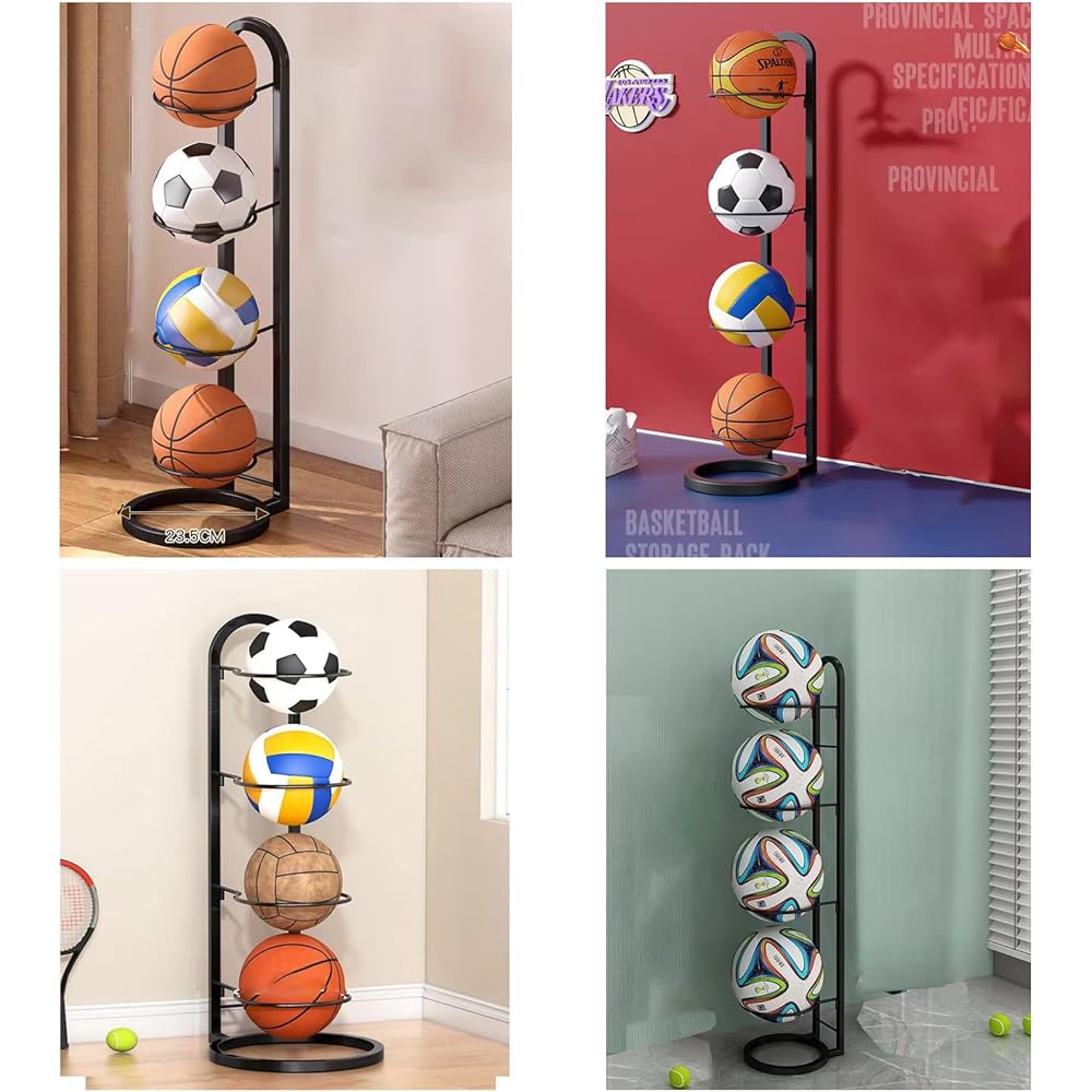 GiDoKe Ball Stand Basketball 4 Tier Basketball Rack Ball Rack Ball Holder Storage Rack Assembly Type Entrance Organization (4 Tiers Black)