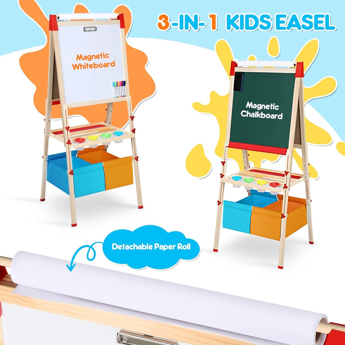 RenFox Kids Easel, Adjustable Standing Kids Art Easel with 140+ Accessories, Double-Sided Magnetic Dry Erase Whiteboard & Chalkboard with Paper Roll, Best Painting Gift for 3-12 Year Old Kids/Boys/Girls