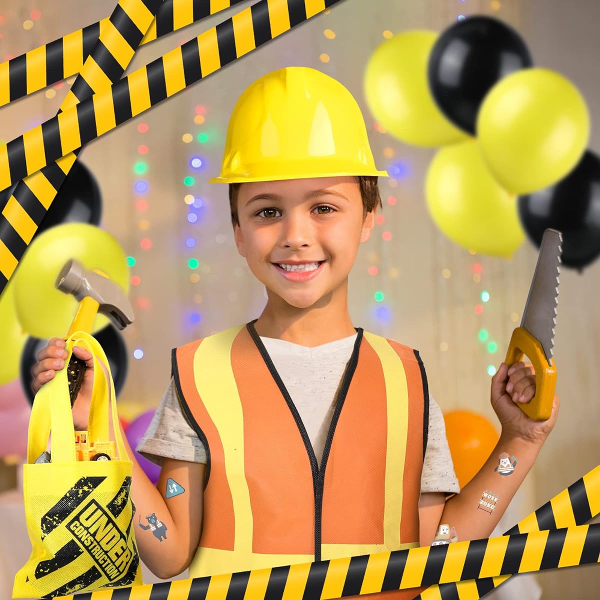 58pcs Construction Toys Construction Birthday Party Supplies Mini Construction Vehicles Construction Party Costume Favors Tote Bag Vest Construction Hat Cars Trucks Temporary Tattoos Role Play
