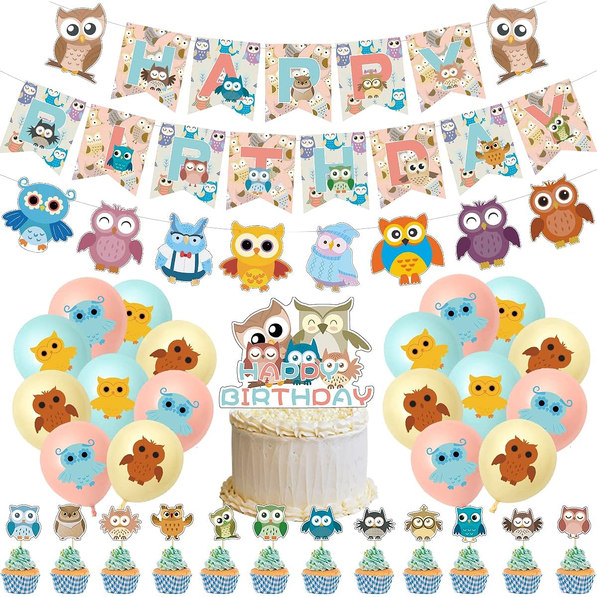 Owl Birthday Party Decorations Kit Owl Birthday Banner Garland Cake Cupcake Toppers Latex Balloons Owl Themed Kids Baby Shower Birthday Decorations