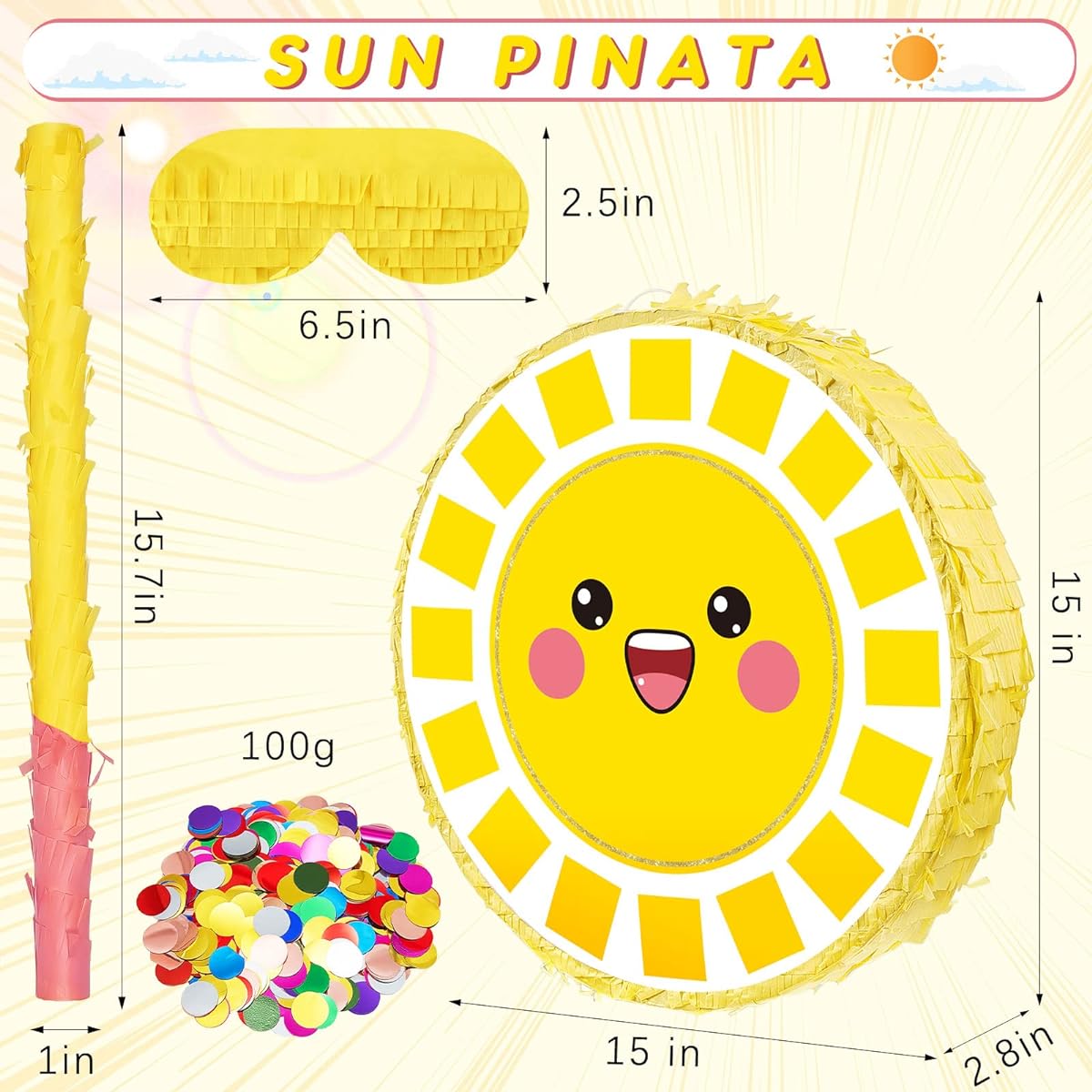 Smile Sun Pinata for Birthday Party Decorations, Cute Pinata with Stake Paper Strike and Confetti, Party Supplies, Baby Shower, Carnival Decorations, 15 x 15 x 2.8 Inch (Sun)