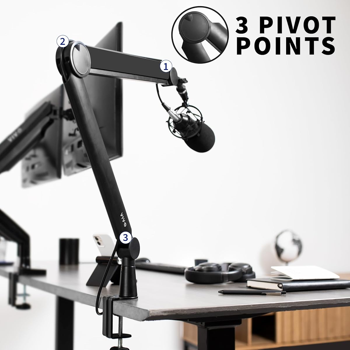 VIVO Premium Broadcast/Podcast Microphone Boom Arm Stand with 3/8" and 5/8" Thread Adapter Heavy Duty Desk Mount Professional Microphone Stand 360 Degree Rotation Black STAND-MIC02