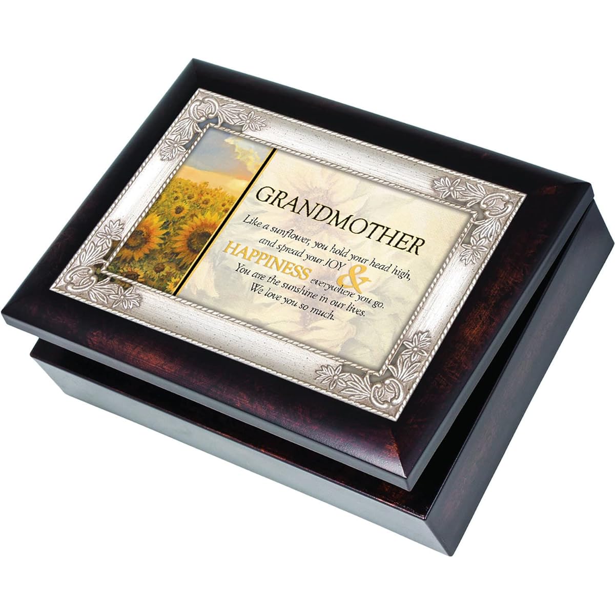 Cottage Garden Grandmother Dark Wood Finish Jewelry Music Box Curved "You are My Sunshine"