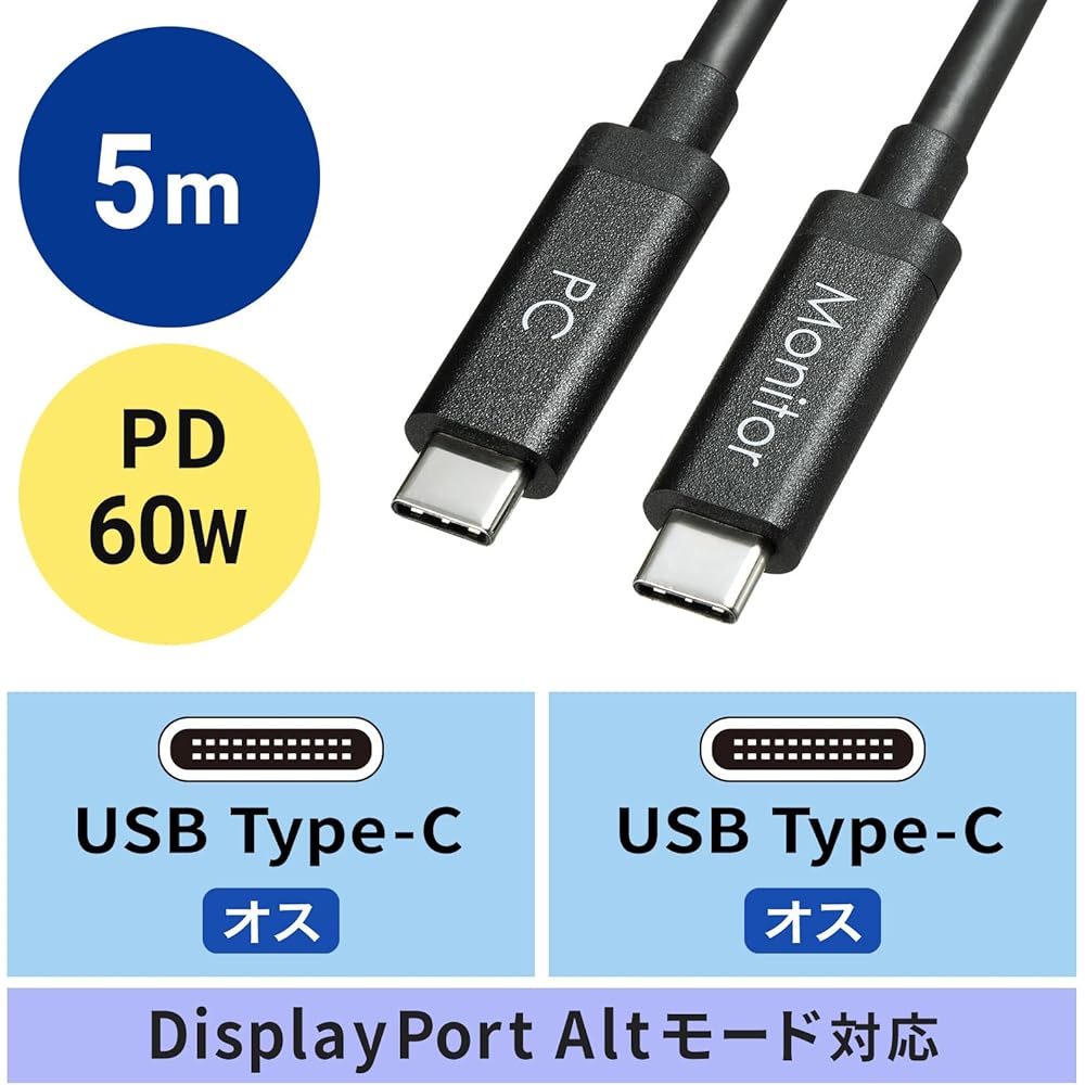 Sanwa Supply DisplayPort Alt Mode TypeC ACTIVE Cable (Black, 5m) (8.1Gbps x 2) KC-ALCCA1250