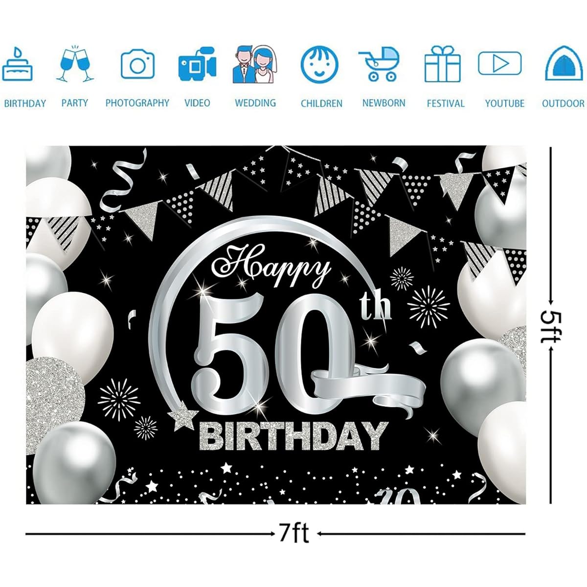 50th Birthday Backdrop Black and Silver Happy Birthday Party Decorations Banner for Women Men Birthday Party Supplies Poster Anniversary Photo Booth Photography Background 7x5ft