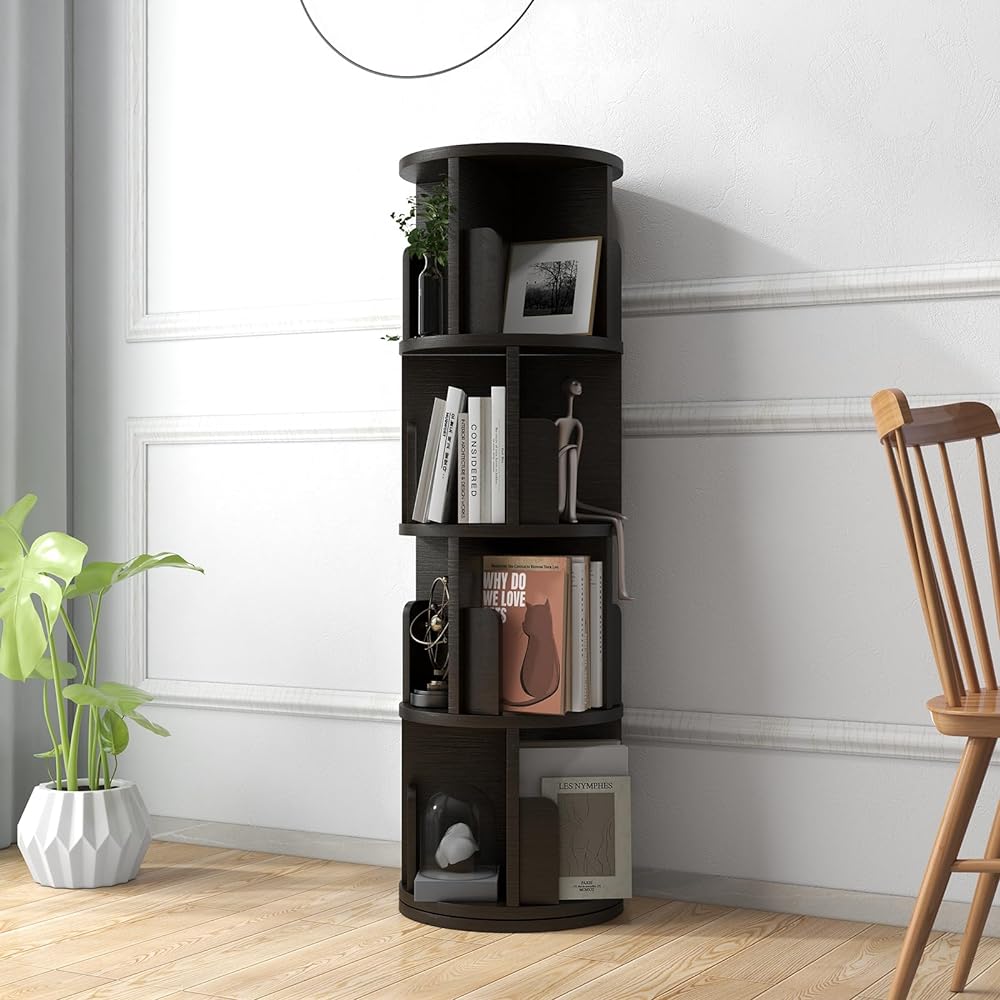 Bookshelf, Rotating Bookshelf, 4 Tiers, Large Capacity, Slim, Easy to Assemble, Comic Rack, Picture Bookshelf, Manga Storage, Rotating Rack, Bookshelf, Storage Shelf, CD Rack, DVD Rack, Items Can Be Placed on the Top Board, Black