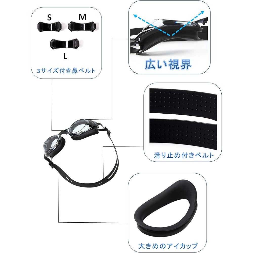 [Alpinista] Swimming Goggles Swimming Cap Set, Unisex, Anti-Fog, UV Protection, Cushion Included, Clear, 3 Sizes of Nose Belt, Ear Plugs, Case, Japanese Instruction Manual Included
