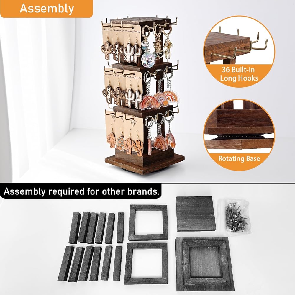 Ikee Design Elegant Wooden Rotating Jewelry Tower - 36 Hooks for Earrings, Bracelets, and More - Versatile Countertop Rack for Stores, Exhibitions, and Home Brown