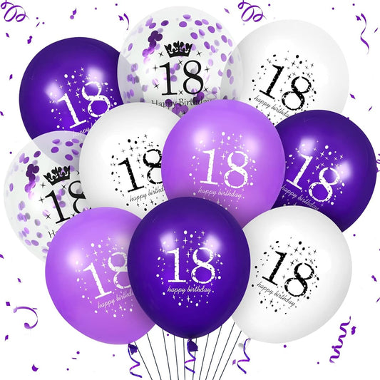18 Years Old Purple Birthday Balloon Decorations 16 Pieces Purple White Confetti Latex Balloons for Women Men Happy Birthday Party Wedding Anniversary Indoor Outdoor Party Supplies 12 Inch