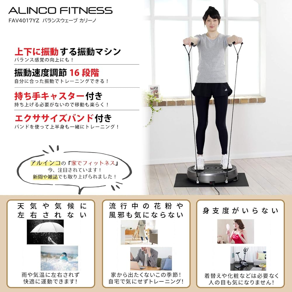 ALINCO Program 2D/4D Vibration Machine Balance Wave Fitness Machine with Floor Protection Mat, Exercise Band, and Remote Control