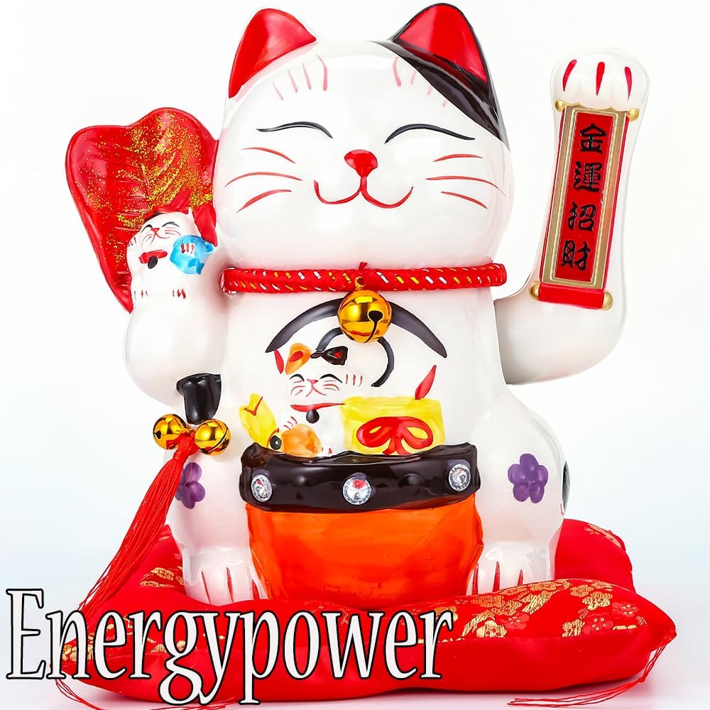 EnergyPower Electric Maneki Cat with Zabuton, Maneki Cat, Ceramic Hand-painted, Handmade, Cute, Battery-operated, Great for Opening Celebrations and Opening Celebrations, Automatically Waving Your