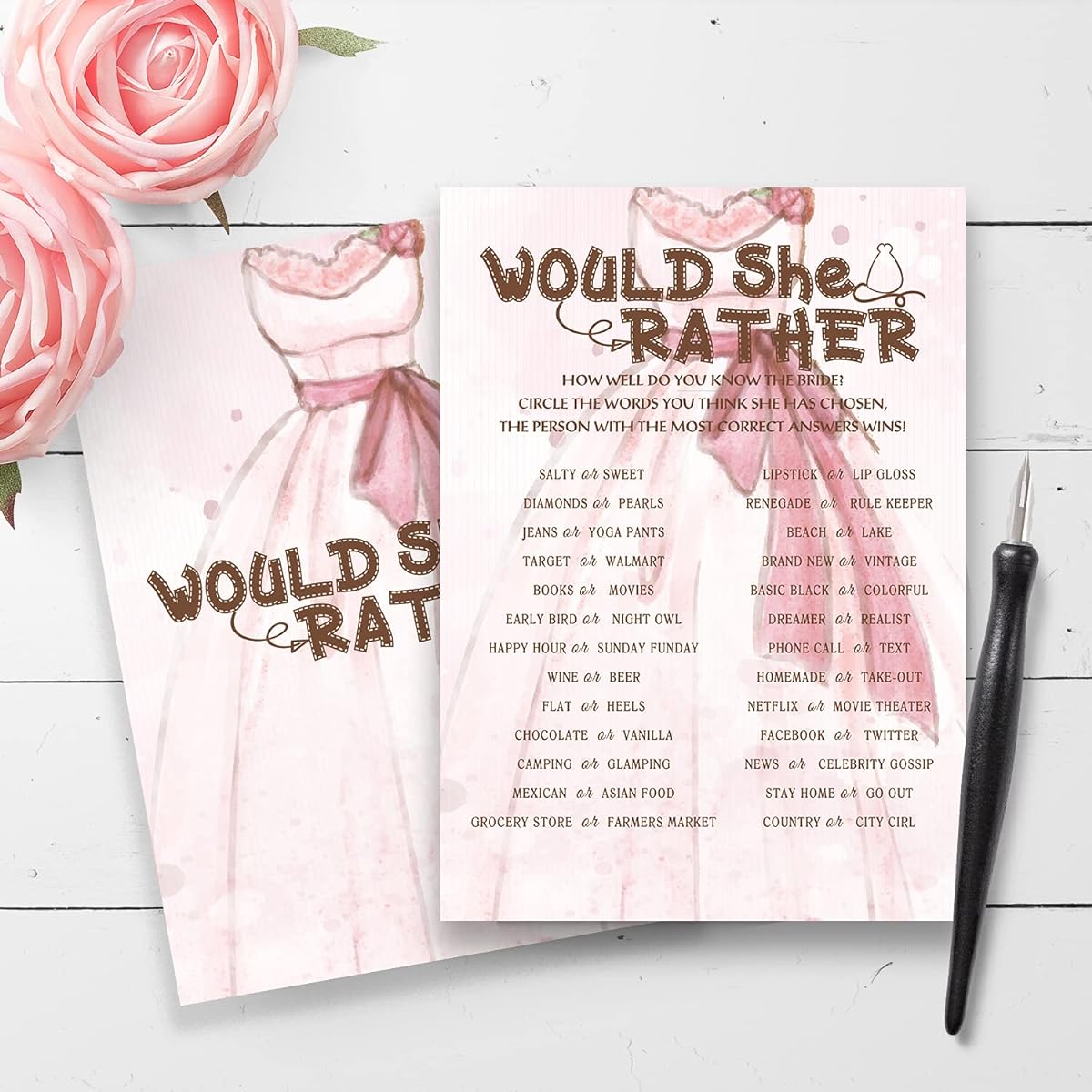 Bridal Shower Game Cards Engagement/Wedding Gifts Pink Wedding Theme | Would She Rather—30 Cards