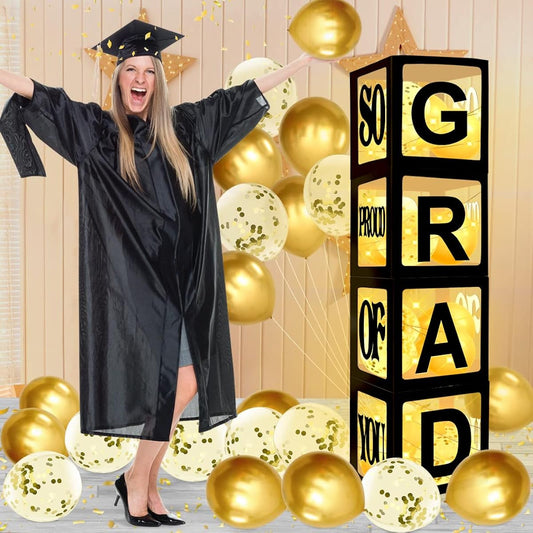 2023 Graduation Party Decorations, 4 Grad Black Balloon Boxes - Congrats Grad We Are So Proud of You - 4 LED Light Strings + 16 Metallic Gold Confetti Balloons Decoration Kits & Supplies