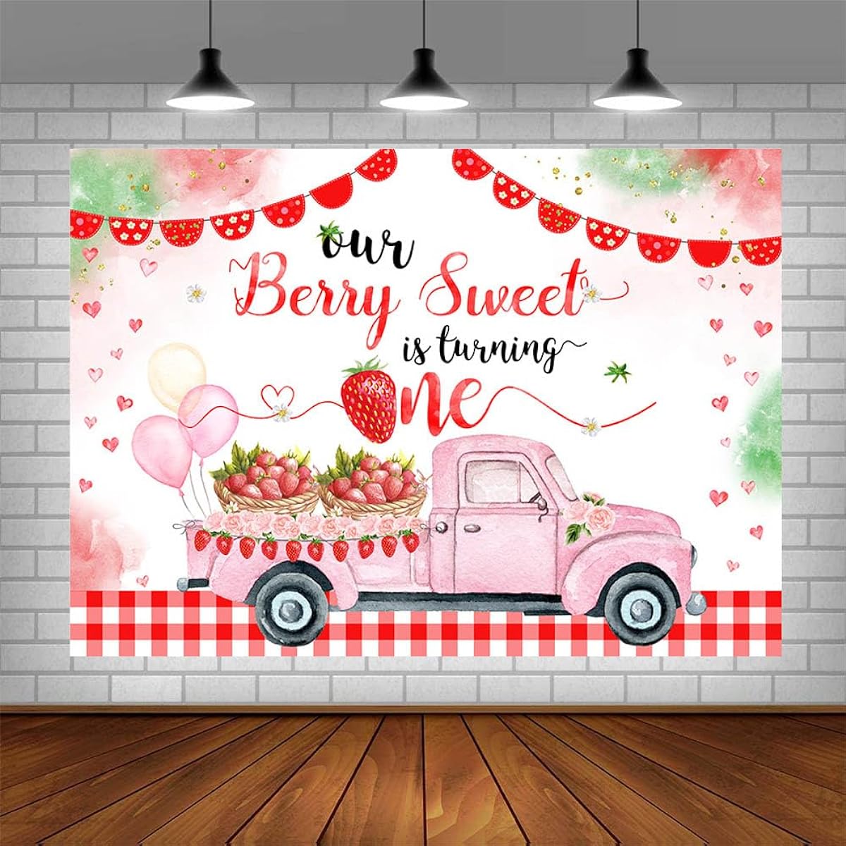 AIBIIN 7x5ft Strawberry 1st Birthday Backdrop Our Berry Sweet is Turning One Birthday Party Decorations Berry Sweet First Birthday Party Banner Photo Studio Props