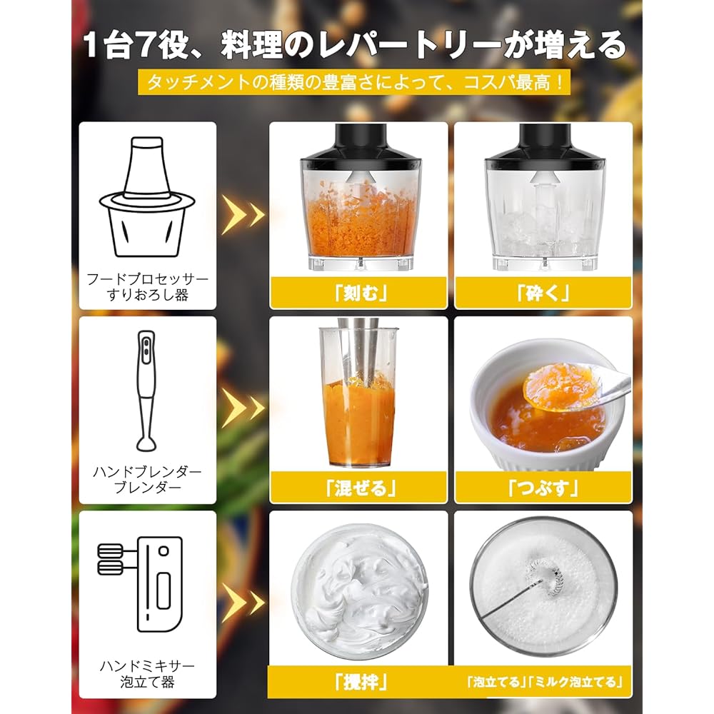 [2024 New Release Cordless Hand Blender] HAGOOGI Multi-Stick Baby Food Blender Rechargeable Blender Steplessly Variable Speed Mixer Prevents Scratches in the Pot Can Crush Ice Food Processor Juicer Whisk 7-in-1 Cooking Utensil [Black]