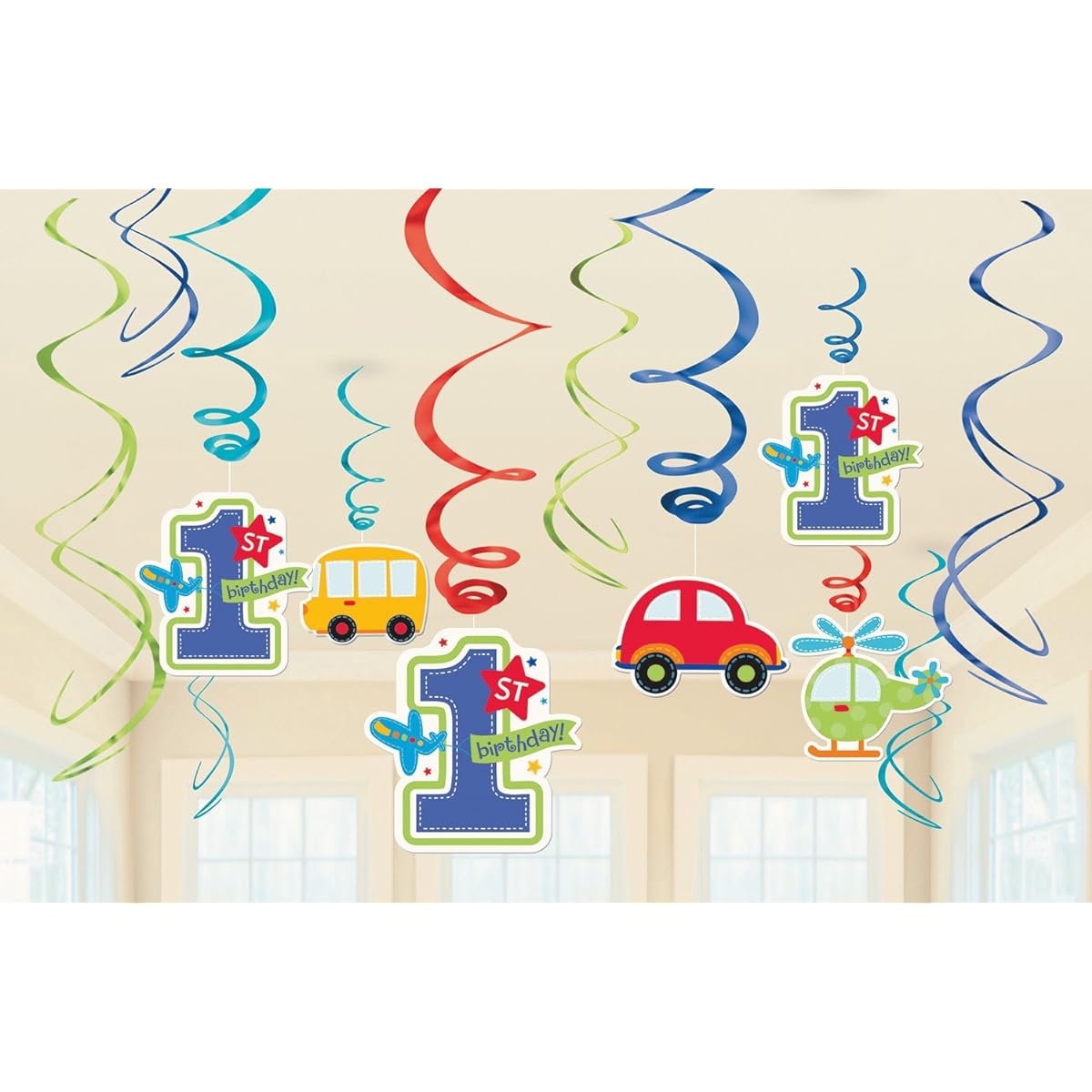 Amscan All Aboard Boy 1st Birthday Value Pack Foil Swirl Decorations, Large,