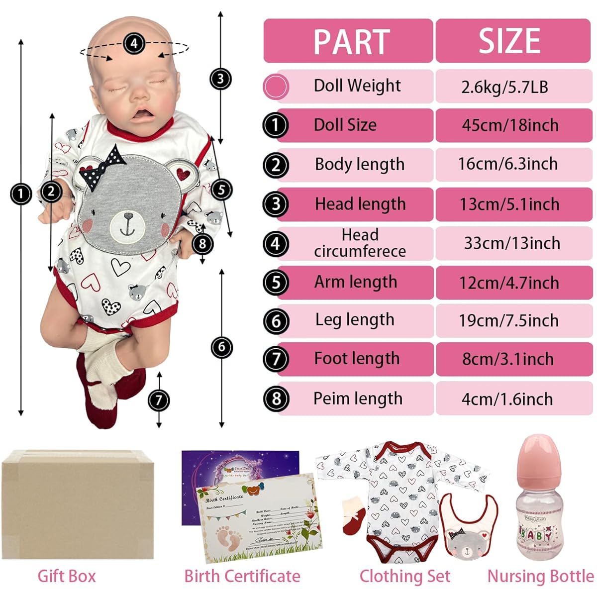 OtardDolls Reborn Baby Doll Girl - 18 Inch Full Silicone Newborn Doll Lifelike Washable Baby Doll Real Life Baby Doll Lifelike Soft Body Baby Kids Gift Box