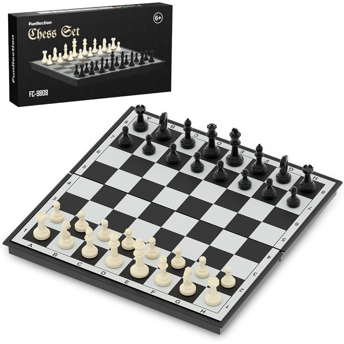 Funllecrion Chess Board Set, 15ft Travel Magnetic Chess Set, Portable Chess Board for Adults/Kids/Beginners (Includes 2 Extra Queens, Instructions and Storage Pocket)