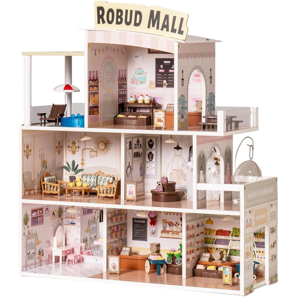 ROBUD Wooden Dollhouse, Dollhouse for Kids, 9 Different Scenarios, Pretend Play for Toddlers, Musical Mechanism Movement, Ages 3+