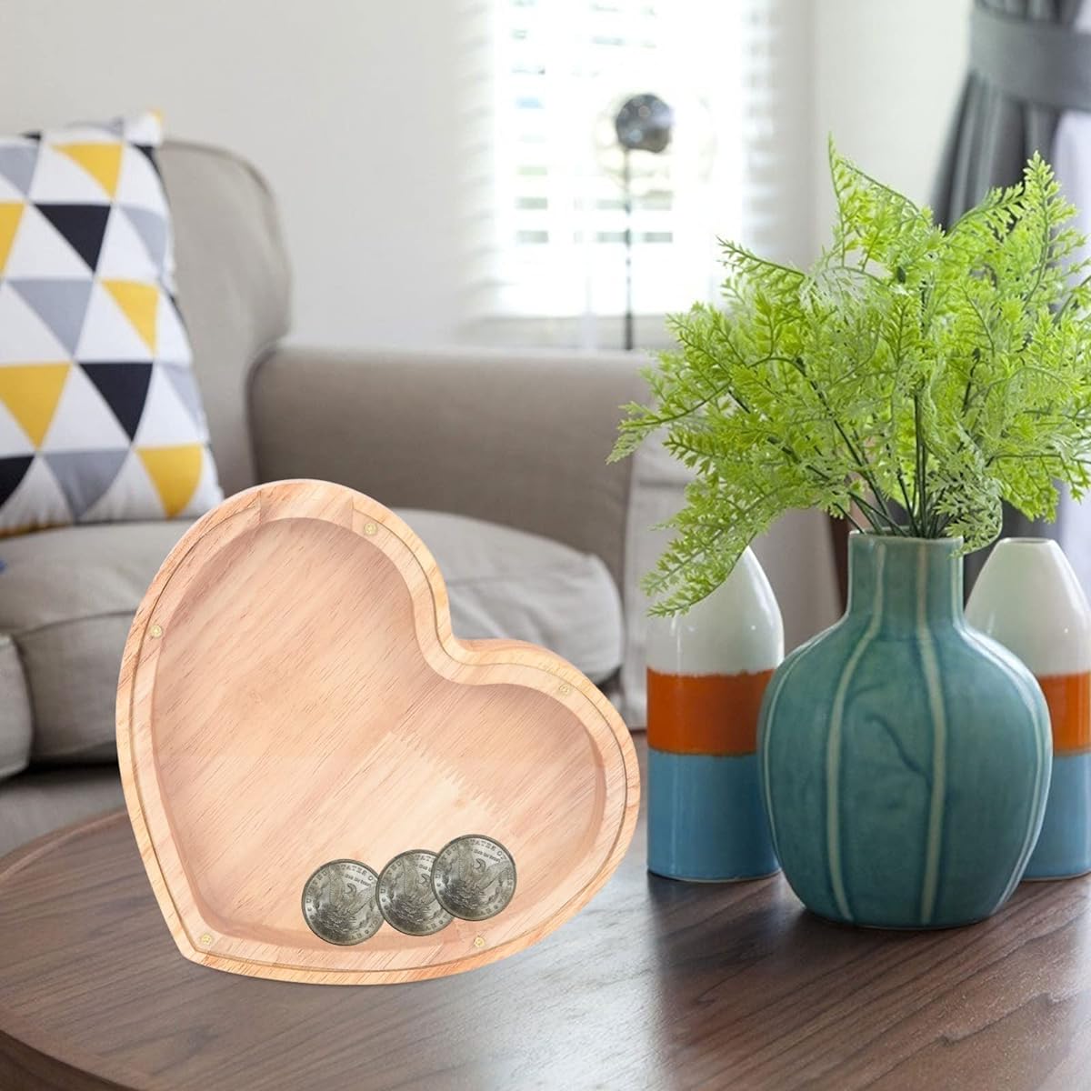 Kisangel Personalized Wooden Piggy Bank Heart Shaped Coin Bank Wooden Piggy Bank Frame Wooden Toy Piggy Bank Mother's Day Birthday Gift Brown