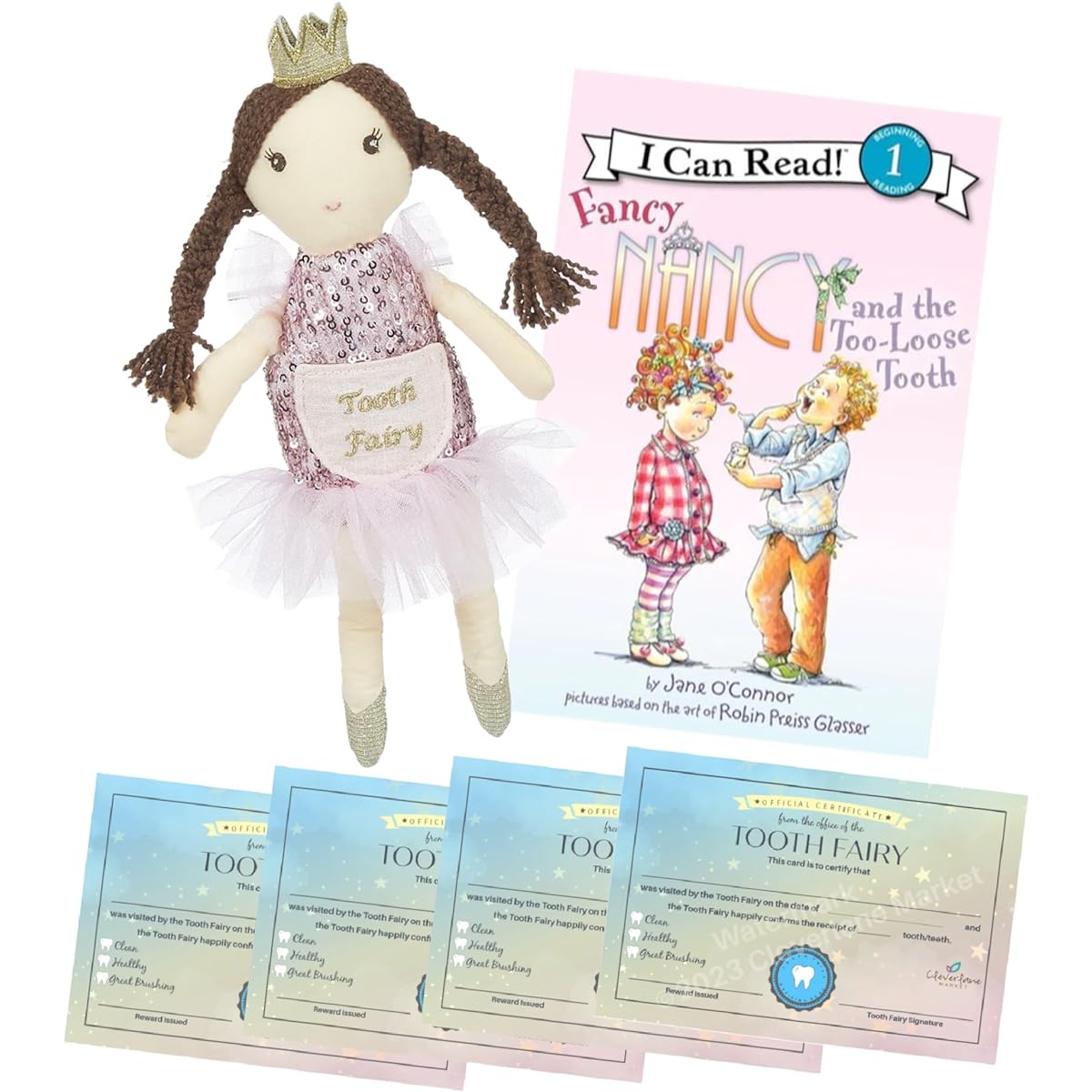 Cleverlane Market Tooth Fairy Gift Set Princess Teeth Fairy Pillow Plush Toy Fancy Nancy and Tooth Book with Certificate Card