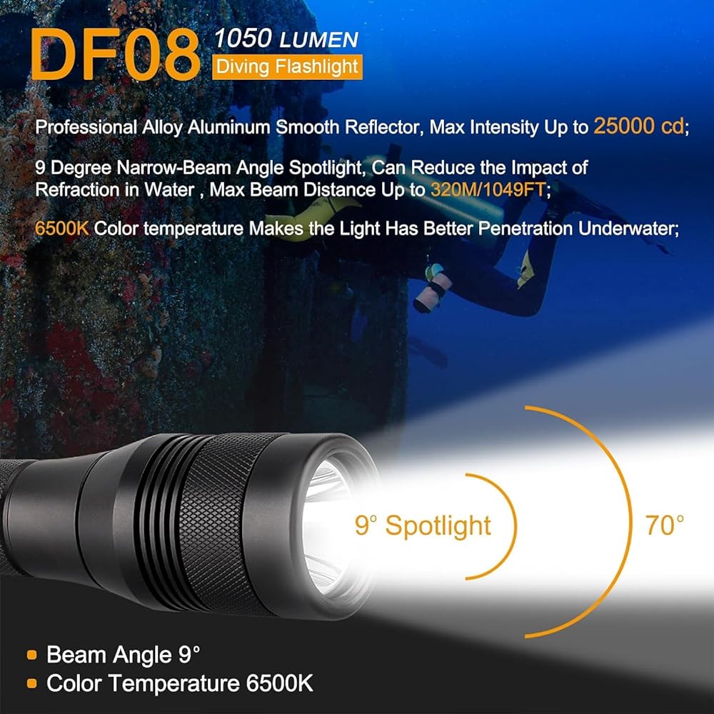 SecurityIng DF08 Diving Light Battery Operated 1050 Lumens Underwater Light Diving 150 Meters Underwater IPX8 Waterproof Shockproof Diver Light Underwater Torch Outdoor Night Diving Camping Climbing Battery Diving Light (No Batteries)