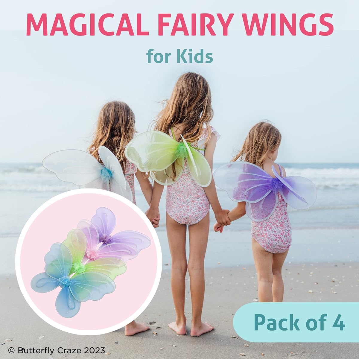 4 Colours Fairy Butterfly Wings Set Costume Dress up Party Favour Packages for Girls Toddlers and Kids