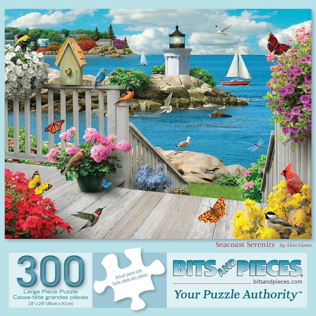 Bits and Pieces - 300 Piece Jigsaw Puzzle for Adults 18" x 24" - Seaside Tranquility - 300 Piece Sea Boat Bird Summer Light House Flower Jigsaw Puzzle Artist Alan Gianna