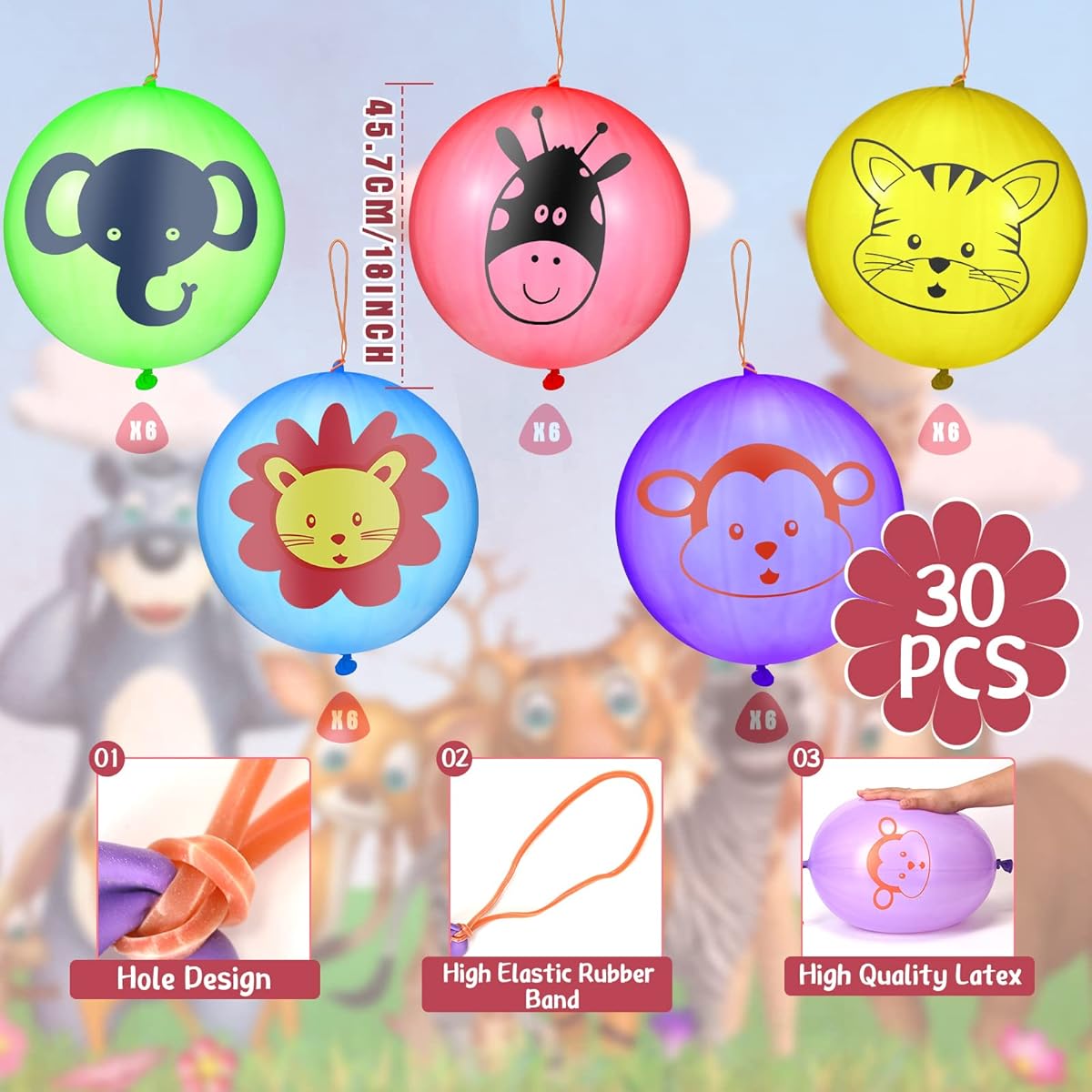 30pcs Dinosaur Valentine's Day Punch Balloons for Kids, 18" Animal Pirate Skull Punching Balloons Punch Bounce Balls with Elastic Bands for Valentines School Gift Exchange Birthday Party (Animals)
