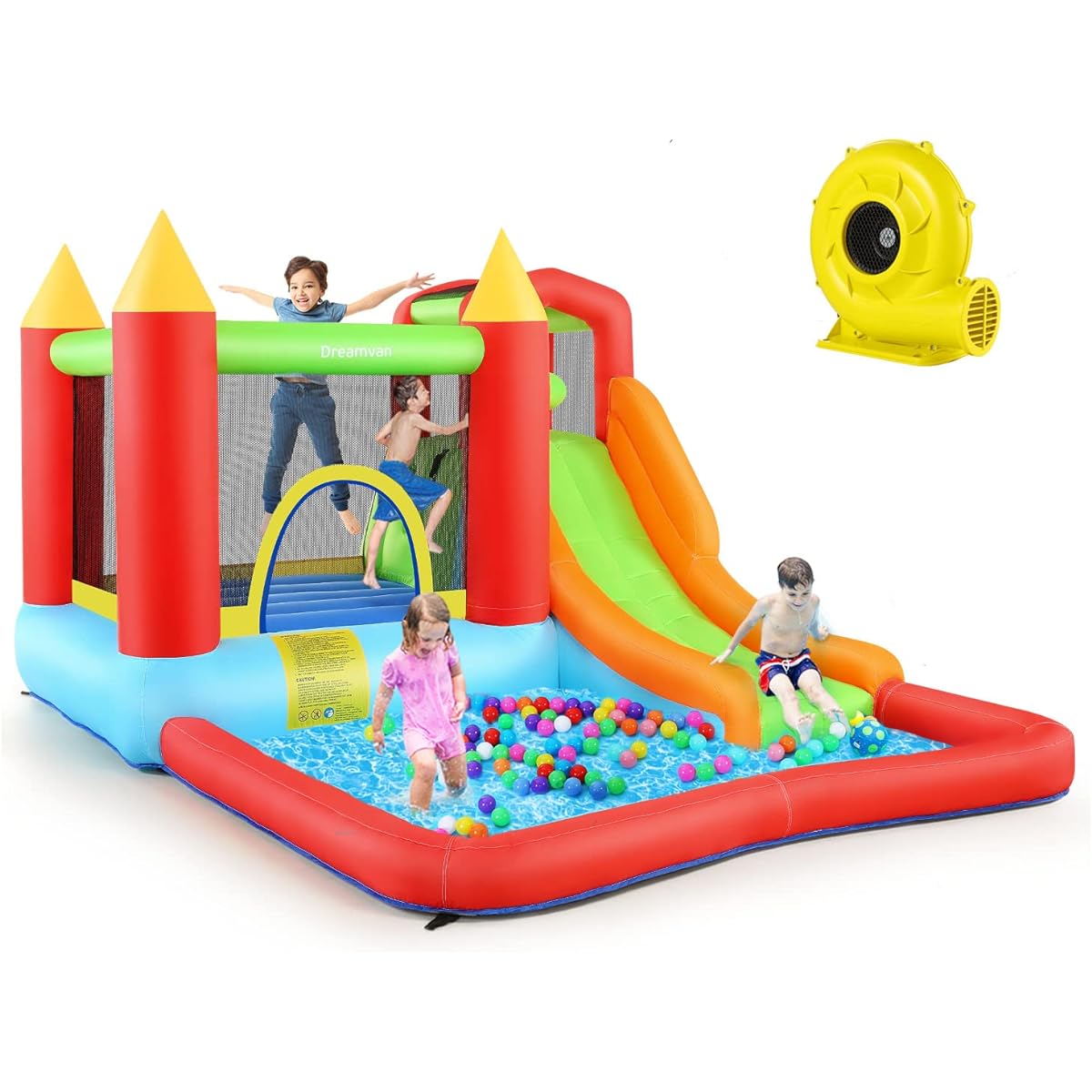 Inflatable Bounce House Outdoor/Indoor Jump Castle with Blower for Kids 3-12 Water Park Backyard with Jumping Area Long Slide Climbing Wall Ball Pit