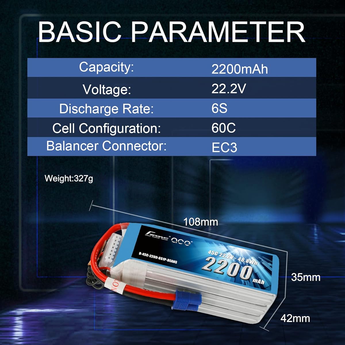 Gens ace 6S Lipo Battery 22.2V 2200mAh 45C Lipo Battery with EC3 Plug for RC Drone RC Airplane RC Drone RC Helicopter