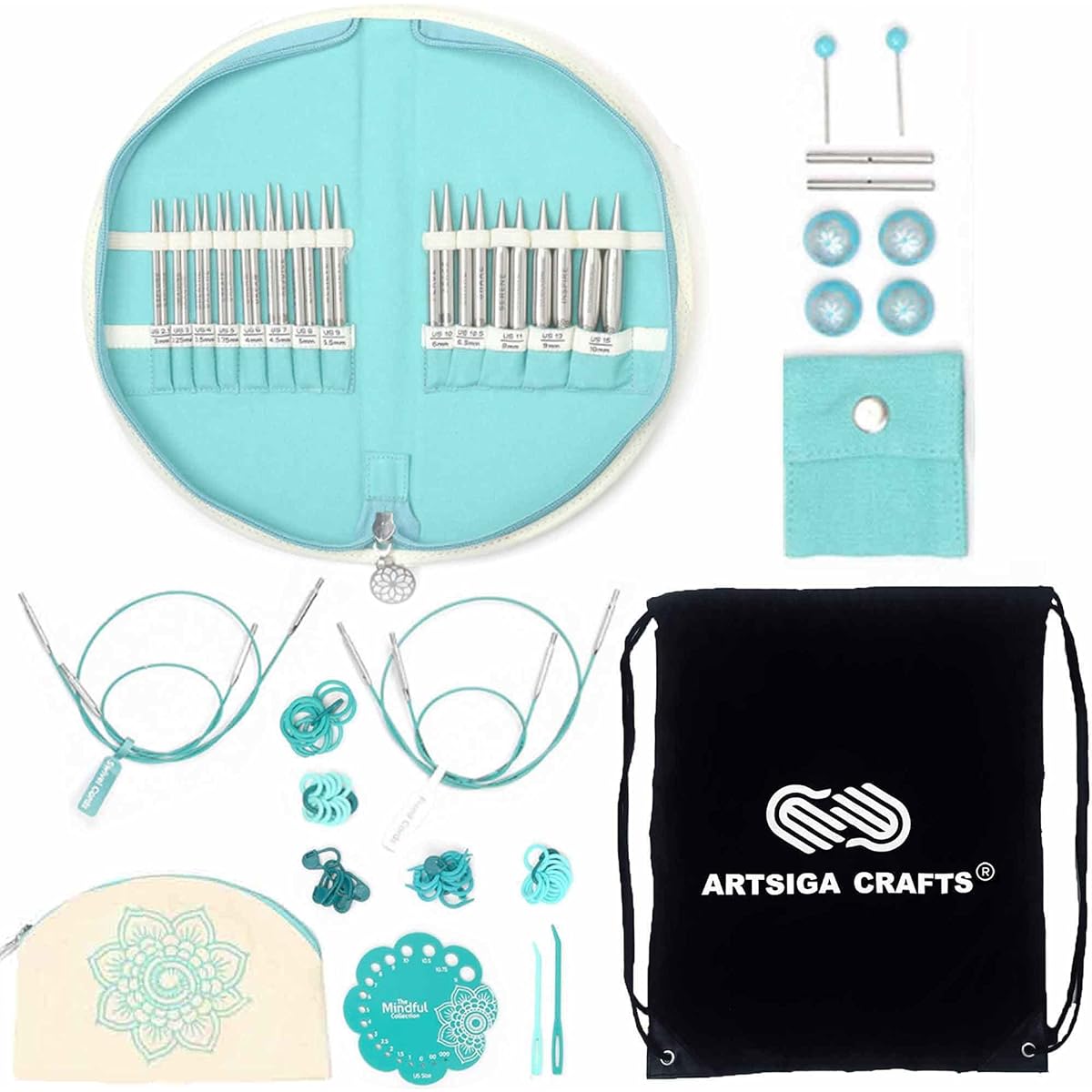 Knitter's Pride Mindful Warmth 4" 13 Pair Interchangeable Circular Lace Knitting Needles Set, Sizes US 2.5, 3, 4, 5, 6, 7, 8, 9, 10, 10.5, 11, 13, 15 Bundles. Artsiga Crafts Project Bag 250302