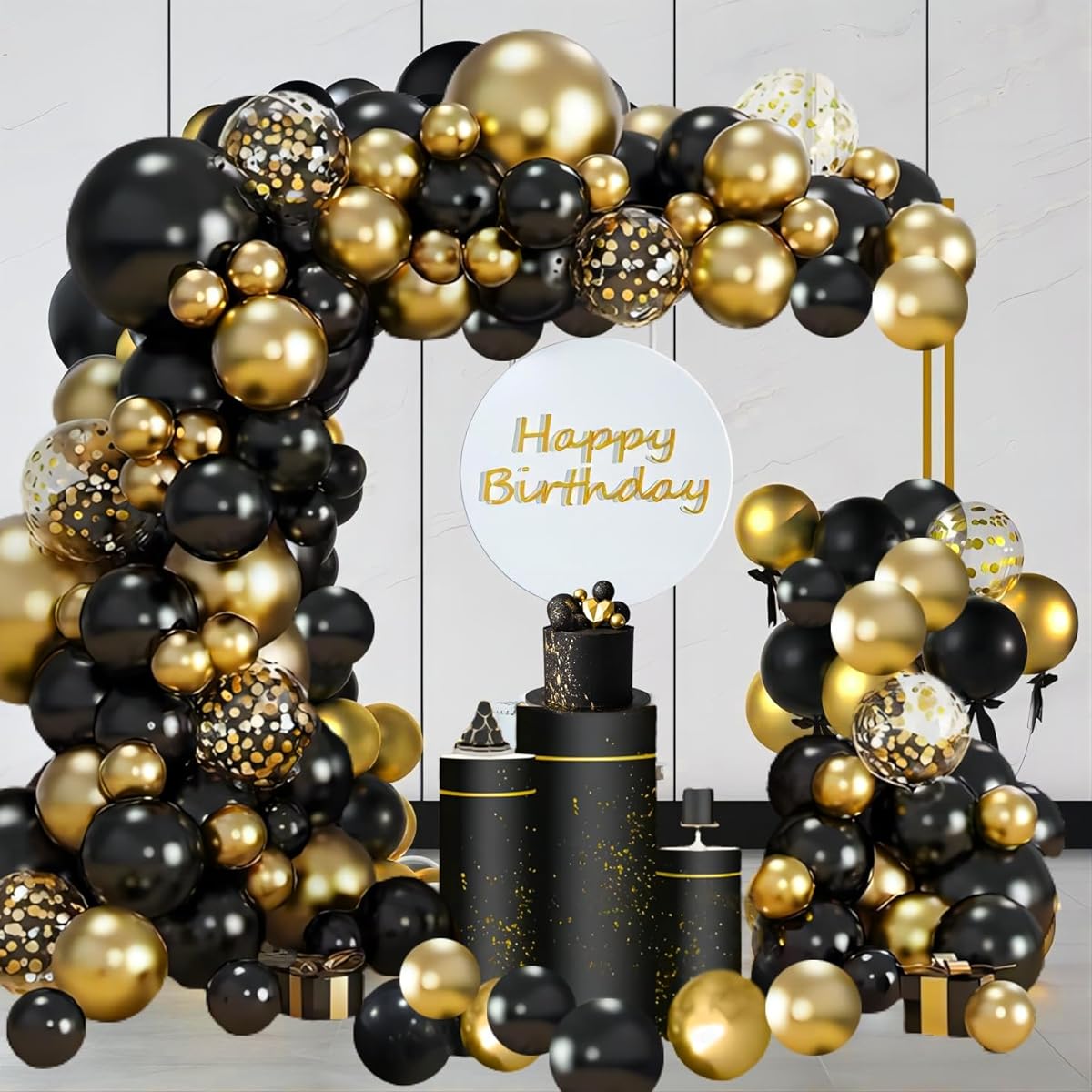 INFLORAL Black & Gold Balloon Garland Arch Kit, 174pcs Black Gold and Gold Confetti Balloons Garland Kit Latex Balloons Set for Birthday Party Wedding Bridal Shower Baby Shower Decorations