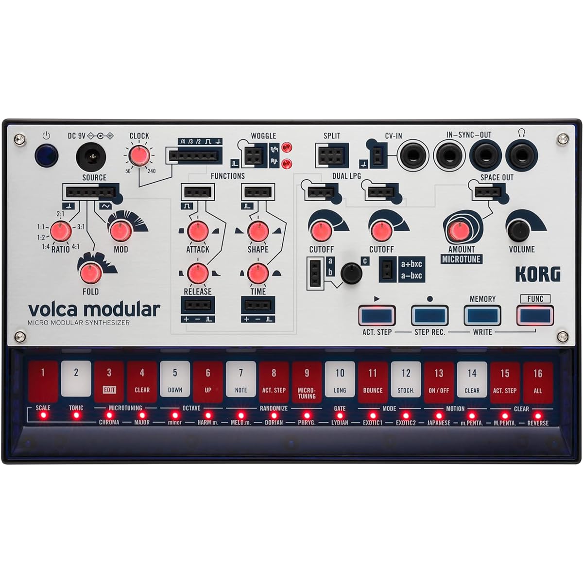 KORG modular synthesizer, volca modular, patching cable included, battery powered, built-in speaker, can be used with headphones, compact size that can be used anywhere