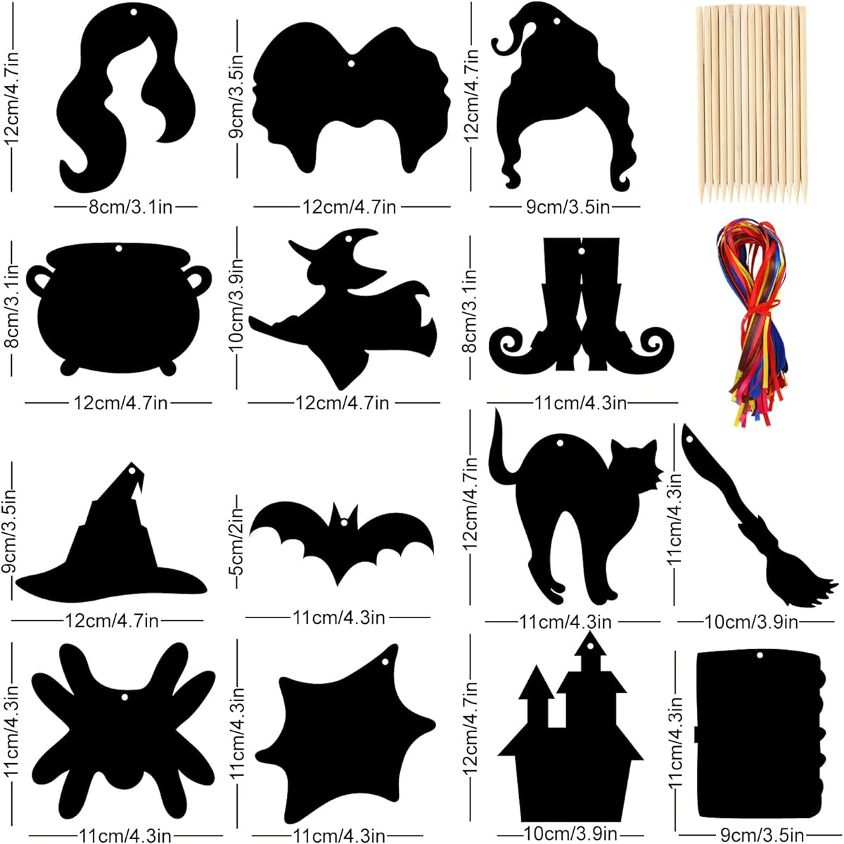 Whaline 112 Pieces Hocus Pocus Witch Scratch Paper Art Halloween Rainbow Scratch Art Set with Magic Scratch Paper Off Cards, 112 Ribbons, 56 Wooden Stylus and Craft Ornaments for Party Games