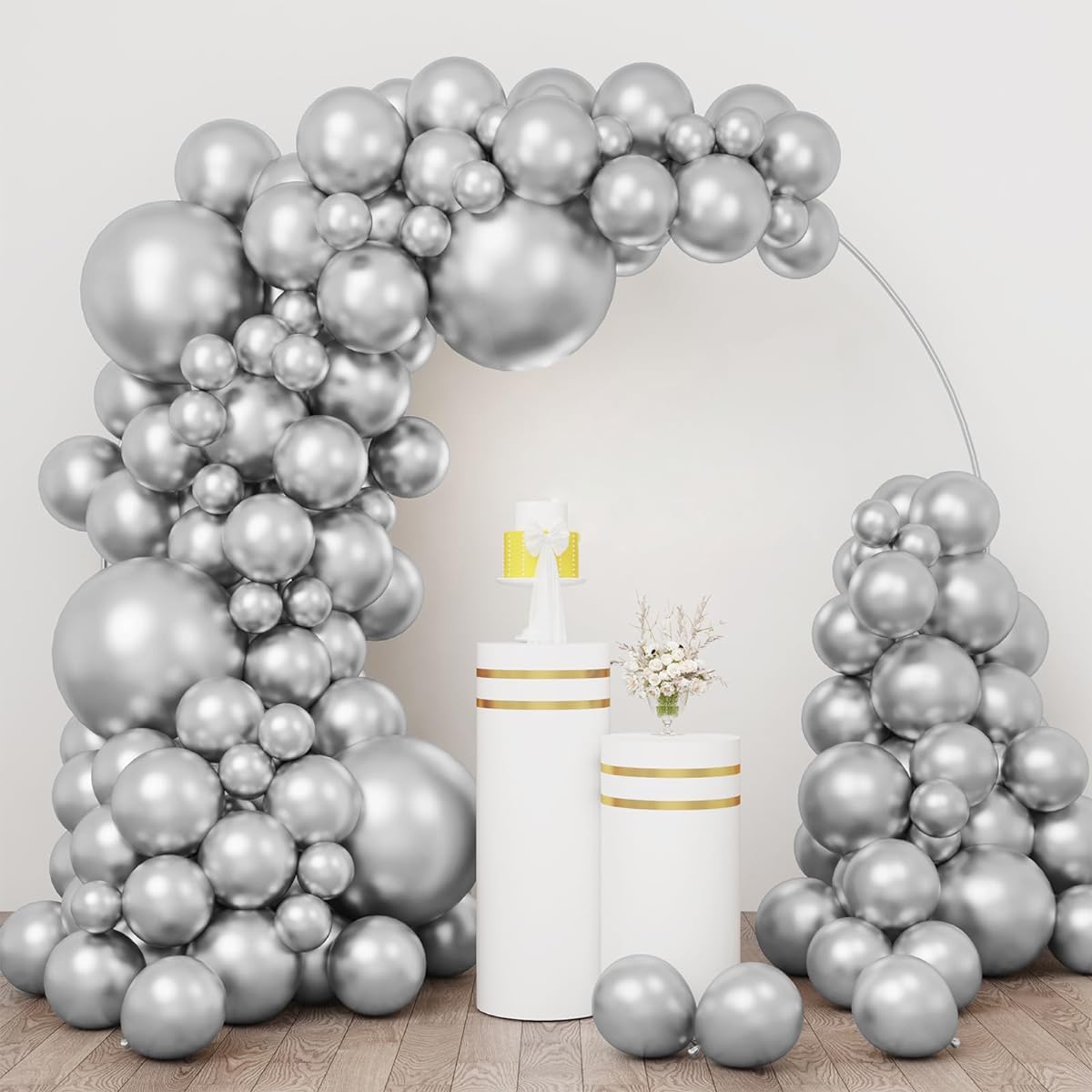 RUBFAC Silver Balloons 154 Pieces Various Sizes 18 12 10 5 Inch for Garland Arch Chrome Metallic Silver Balloons for Birthday Baby Shower Graduation Wedding Anniversary Party Decoration
