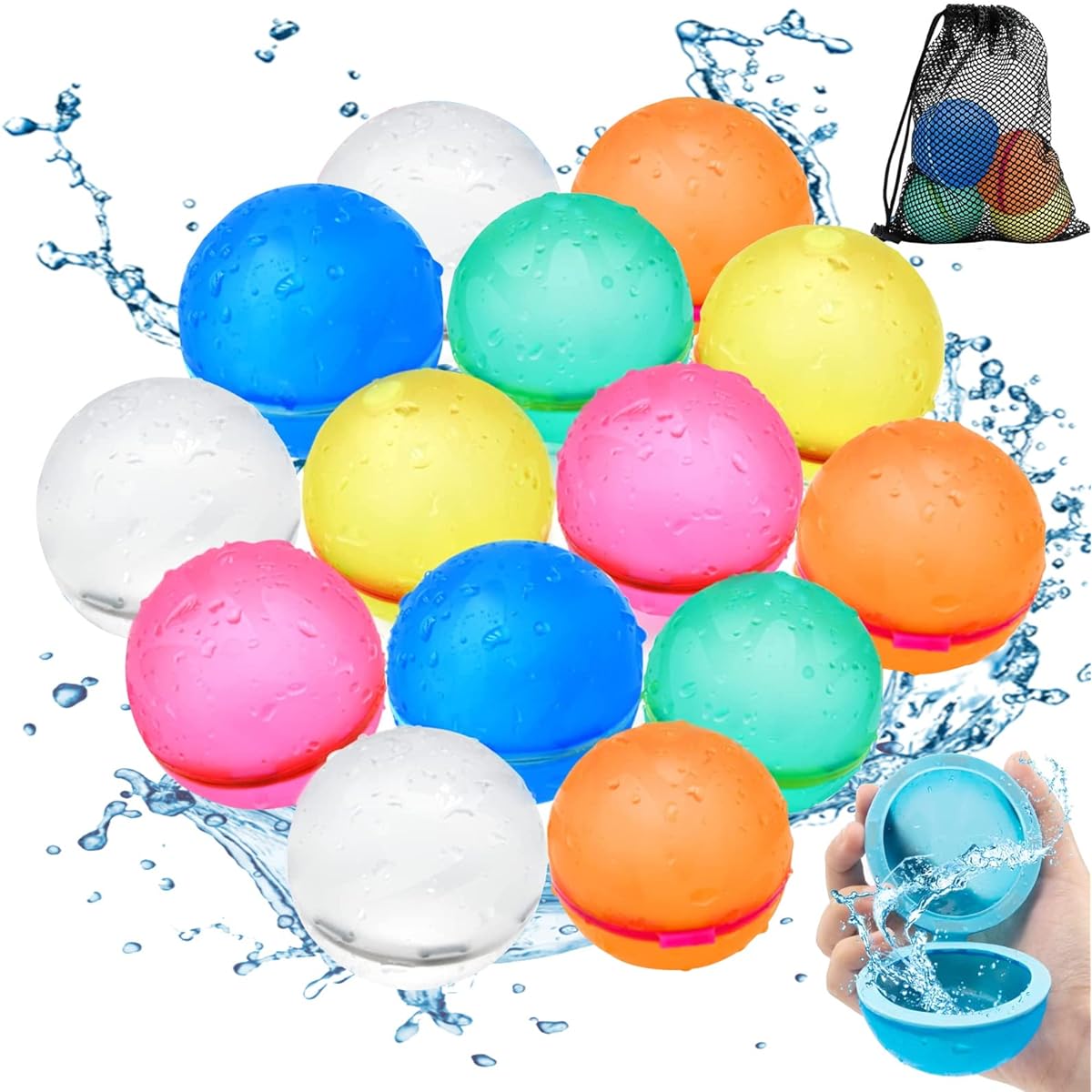 Reusable Water Balloons for Kids and Adults - 12pcs Quick Fill Self Seal Magnetic Reusable Water Bombs Splash Balls Refillable Fun Outdoor Toys for Water Fight Games