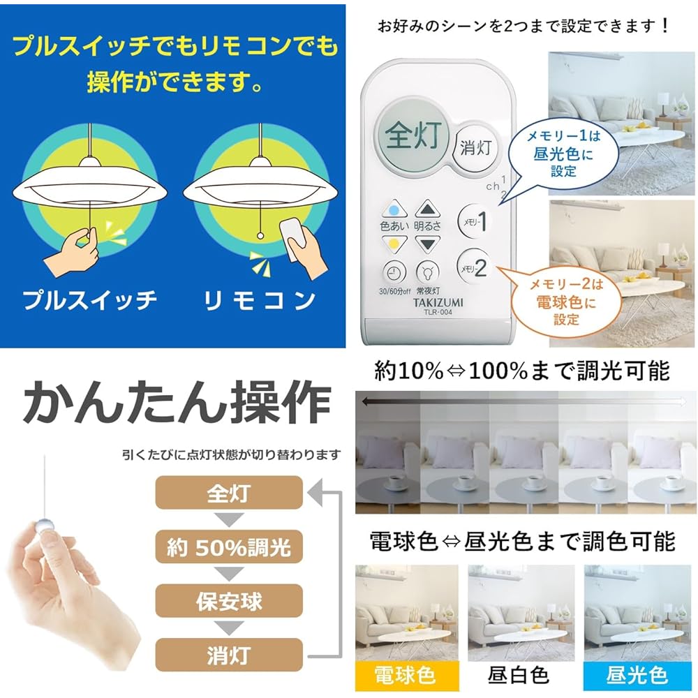 Takizumi [Energy Saving, Power Saving, Made in Japan, 5 Year Warranty] Energy Saving Industry Top Class LED Japanese Style Pendant Light, Color and Brightness Adjustable ~ 12 Tatami, No Construction Required, Easy Installation, Remote Control Included, P
