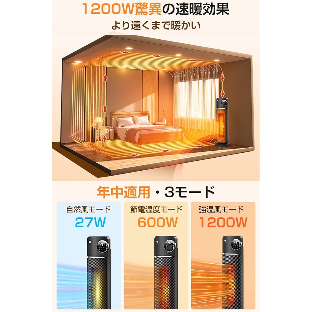 Electric Fan Heater [2023 Autumn/Winter Release/With Human Body Sensor] Ceramic Heater Instant Heater Large Air Flow 1200W Automatic Oscillation Energy Saving 3 Temperature Adjustment Timer Function
