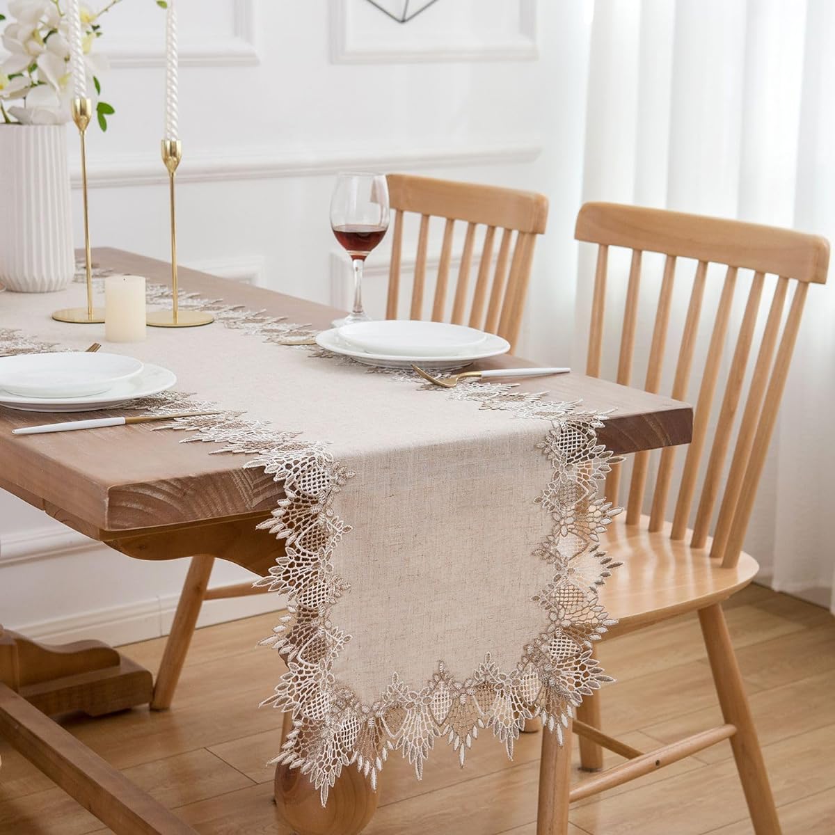 LIGICKY Linen Table Runner Neutral Lace Table Runner 72" Long Beige and Tan Embroidered Runner for Dresser Top Spring Summer Wedding Home Dining Table Decoration 16x72"